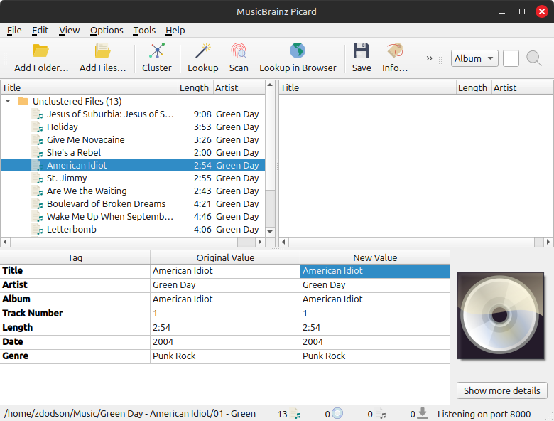 The song 'American Idiot' by Green Day selected for editing in the Picard application on Linux