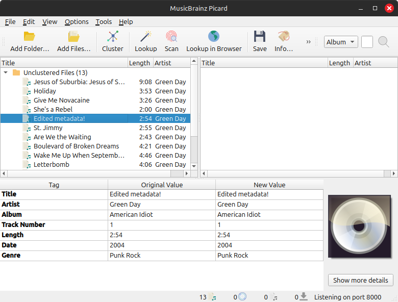A view of the Picard application with the song 'American Idiot' by Green Day with an edited metadata title that reads 'Edited metadata!'