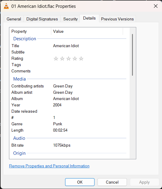 The details section of the property menu for the audio file of the song 'American Idiot' by Green Day.